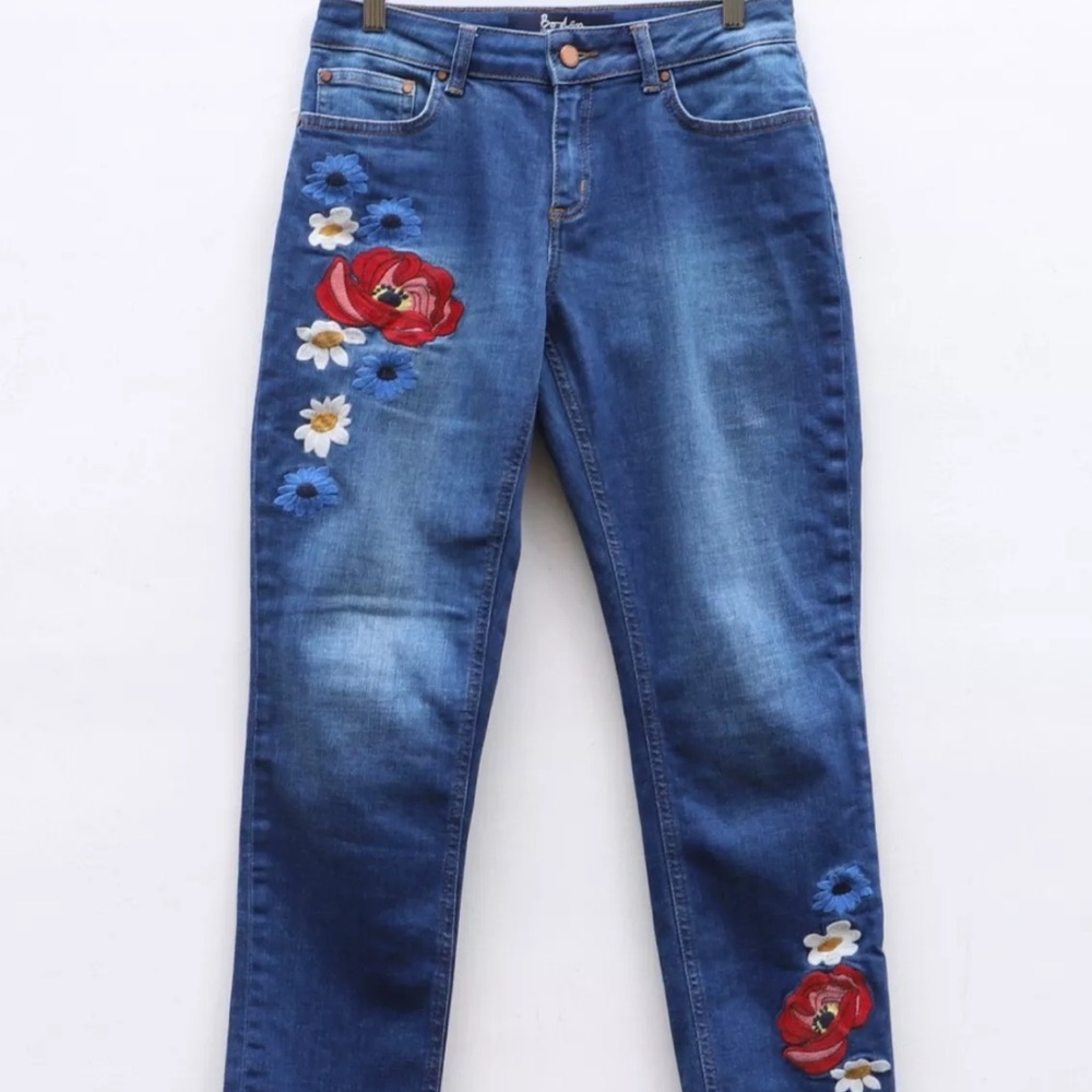Boden Cavendish Girlfriend Embroidered Blue Jeans with Floral Design 10R